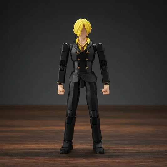 Action figure in a black suit with yellow hair against a gray background