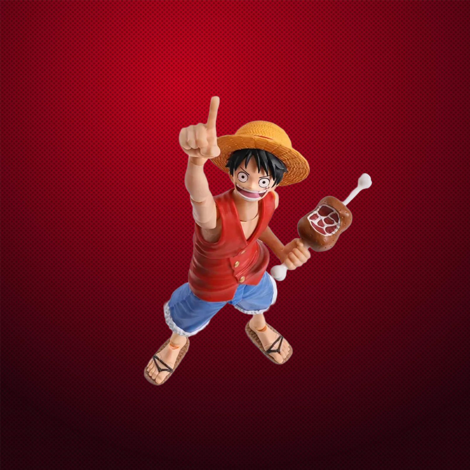Animated character in a red shirt and straw hat holding a sword on a red background