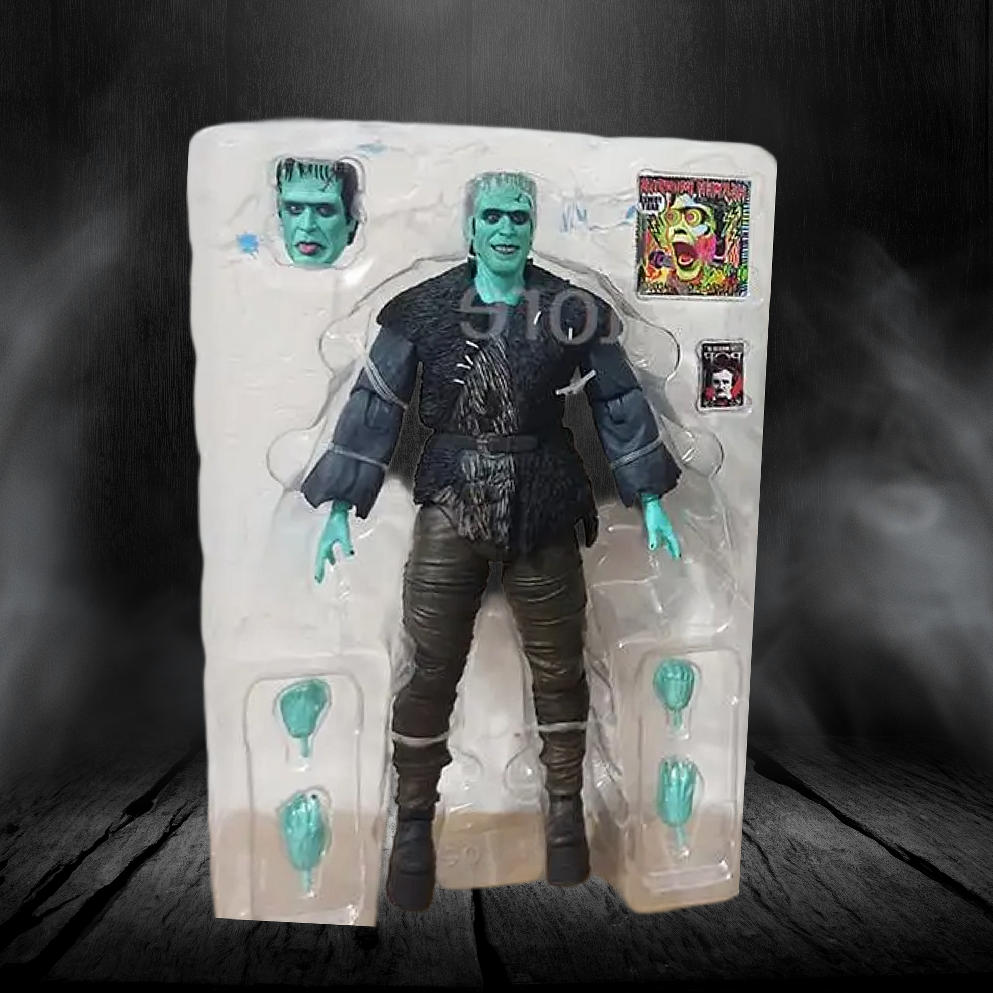 Action figure in packaging with a dark background