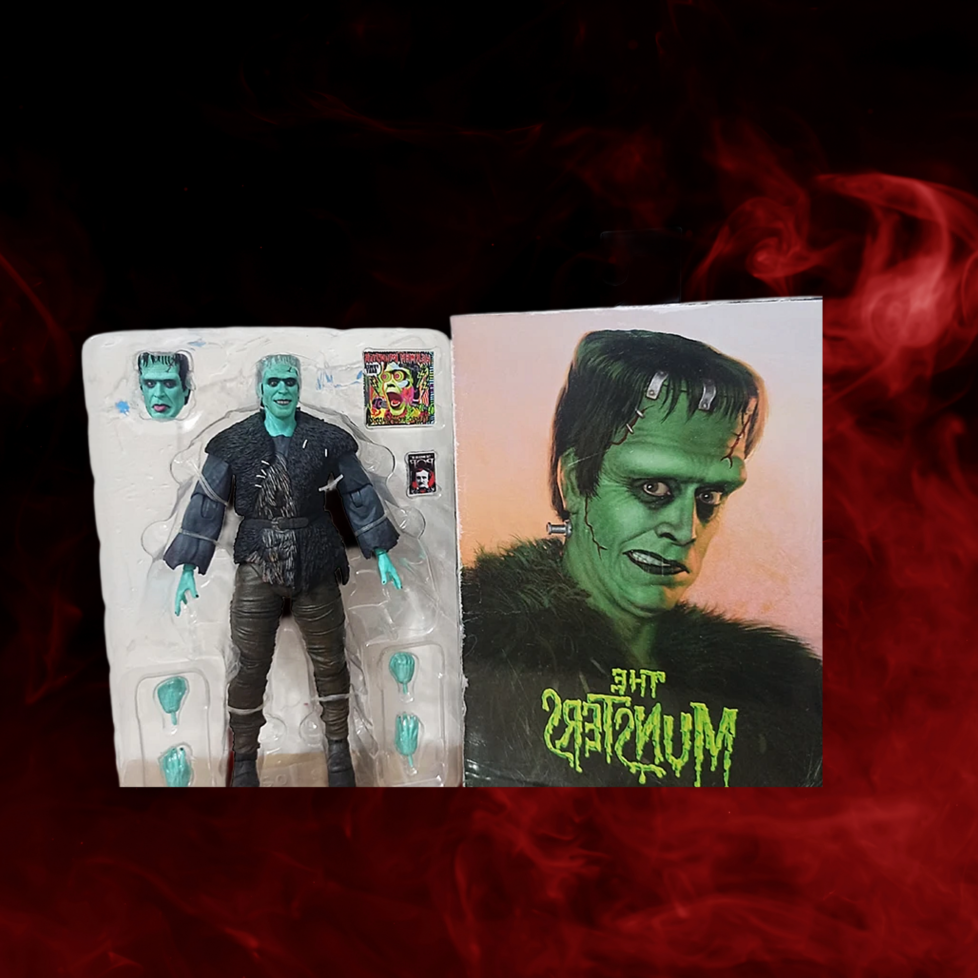 Action figure in a packaging with a green monster character on a red and black background