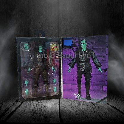 Glowing green action figure in a dark, smoky setting with a detailed box.