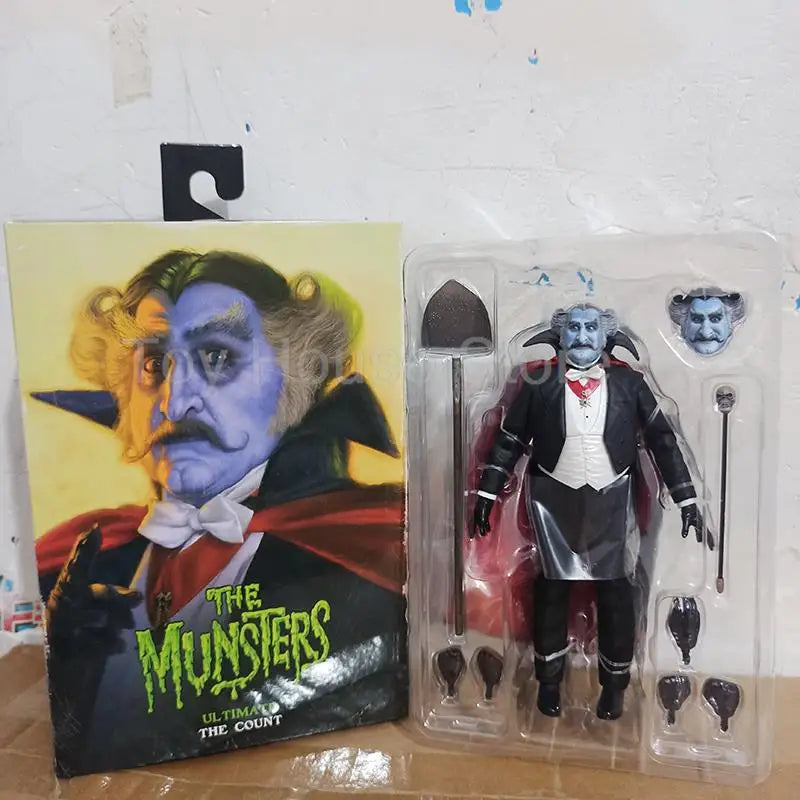 Action figure of the Count from 'The Munsters' in packaging with promotional poster.