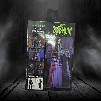 Action figure packaging with character images on a dark background