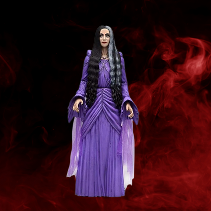 Figurine in a purple dress with dark hair against a red and black background