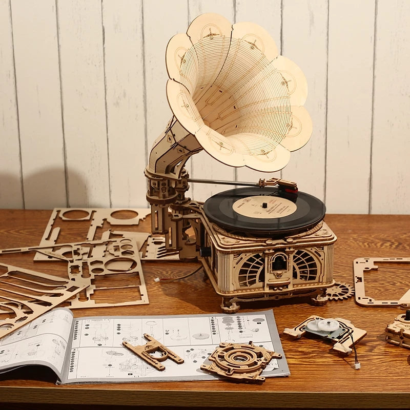 Robotime | ROKR | Hand Crank Classic Gramophone Wooden | Hobby Kits & DIY Collectibles | 3D Assemble Kits