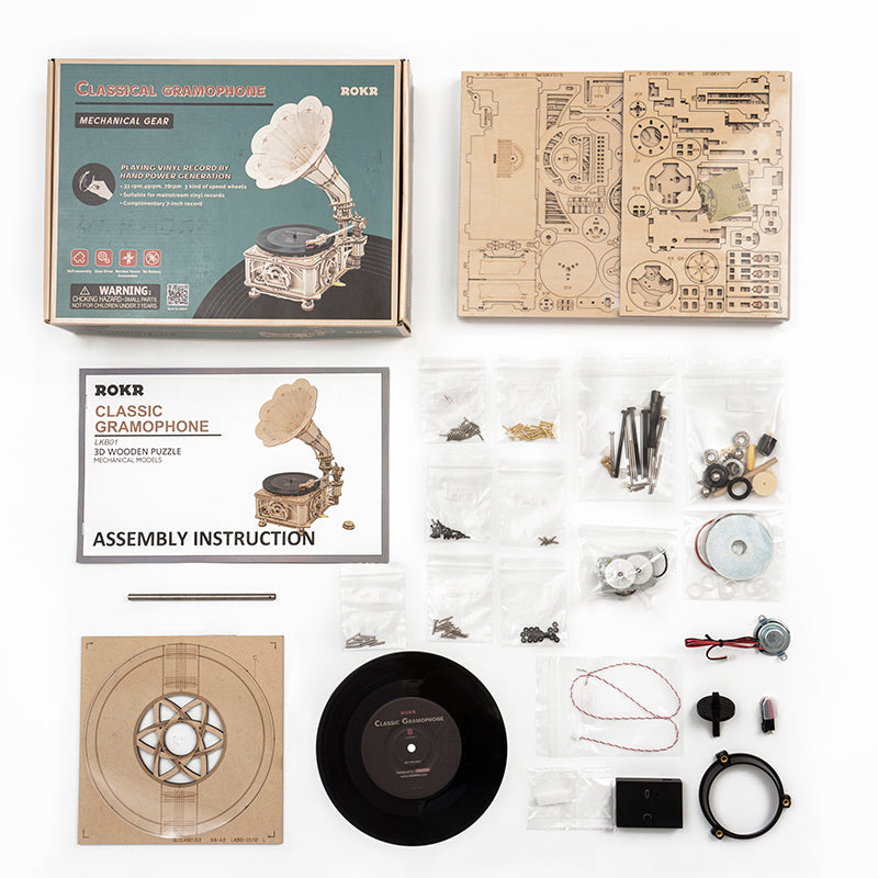 Robotime | ROKR | Hand Crank Classic Gramophone Wooden | Hobby Kits & DIY Collectibles | 3D Assemble Kits