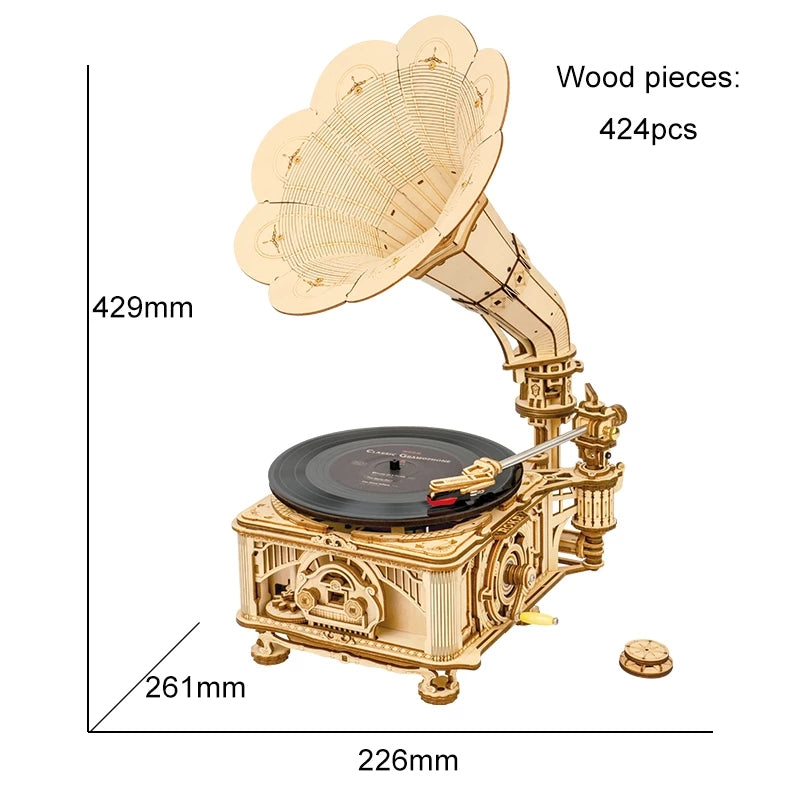 Robotime | ROKR | Hand Crank Classic Gramophone Wooden | Hobby Kits & DIY Collectibles | 3D Assemble Kits