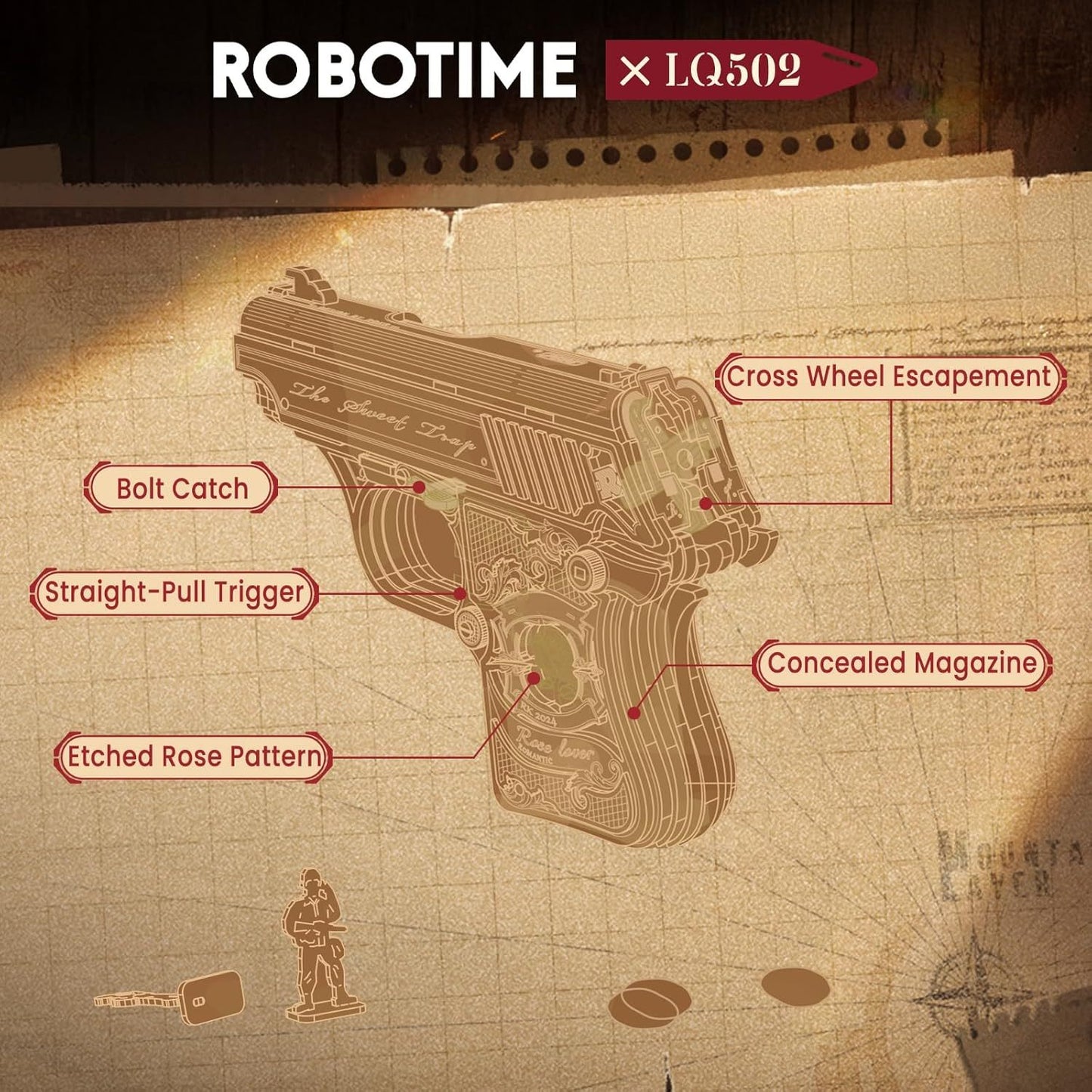 Robotime | ROKR | Justice Guard | Wooden Hand Gun | Hobby Kits & DIY Collectibles | 3D Assemble Kits