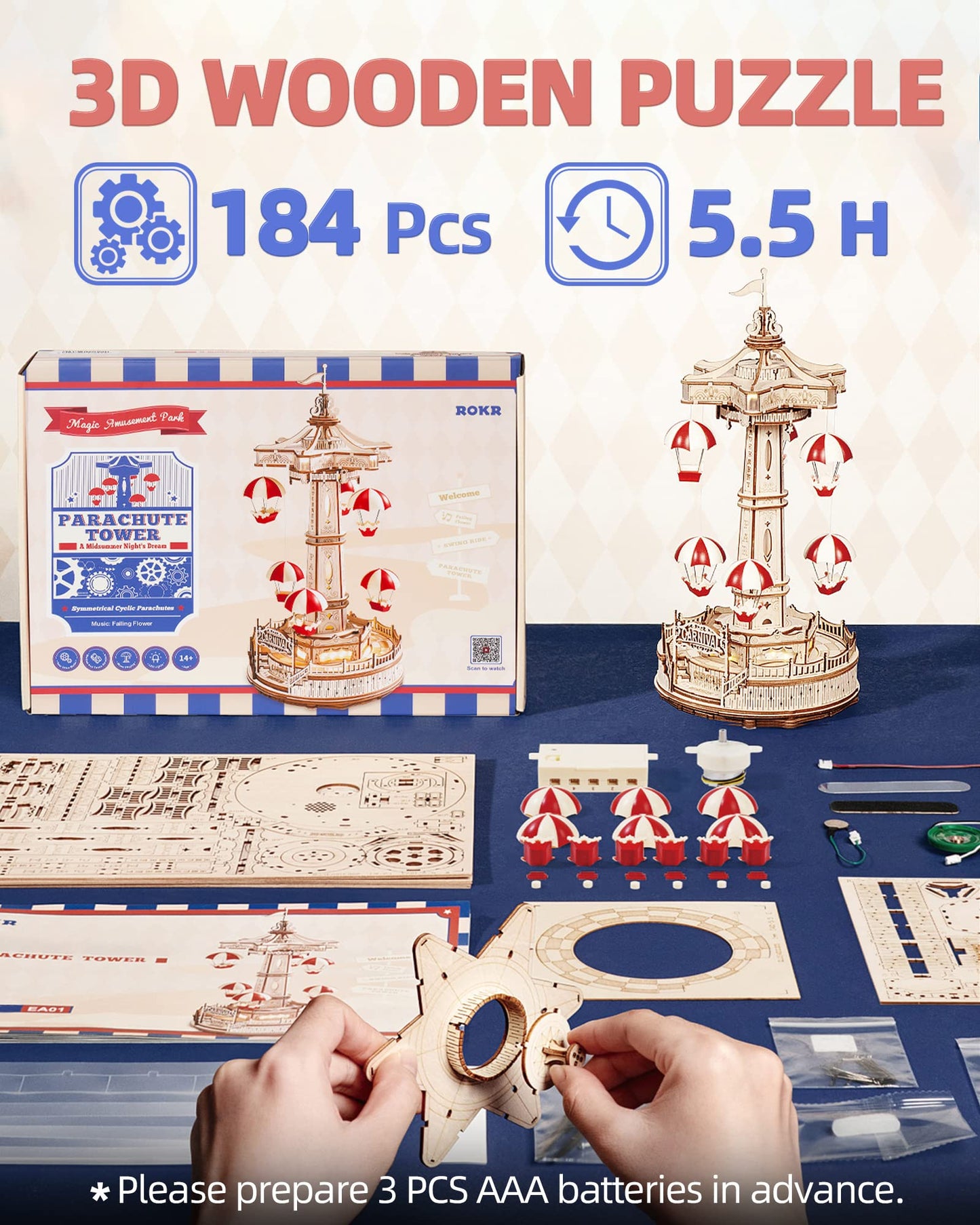 Robotime | ROKR | Magic Amusement Park | Parachute Tower | Hobby Kits & DIY Collectibles | 3D Assemble Kits