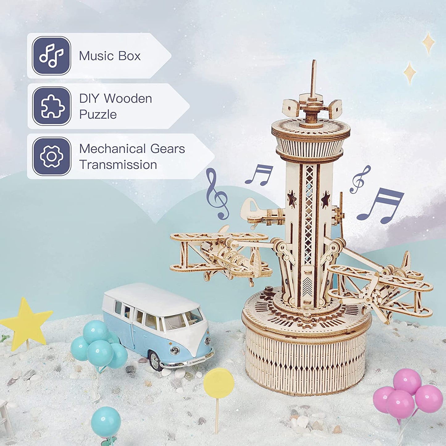 Robotime | ROKR | Mechanical Music Box | Airplane Control Tower | Hobby Kits & DIY Collectibles | 3D Assemble Kits
