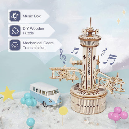 Robotime | ROKR | Mechanical Music Box | Airplane Control Tower | Hobby Kits & DIY Collectibles | 3D Assemble Kits