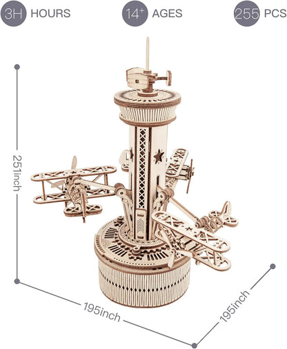 Robotime | ROKR | Mechanical Music Box | Airplane Control Tower | Hobby Kits & DIY Collectibles | 3D Assemble Kits