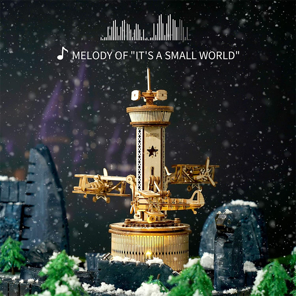 Robotime | ROKR | Mechanical Music Box | Airplane Control Tower | Hobby Kits & DIY Collectibles | 3D Assemble Kits