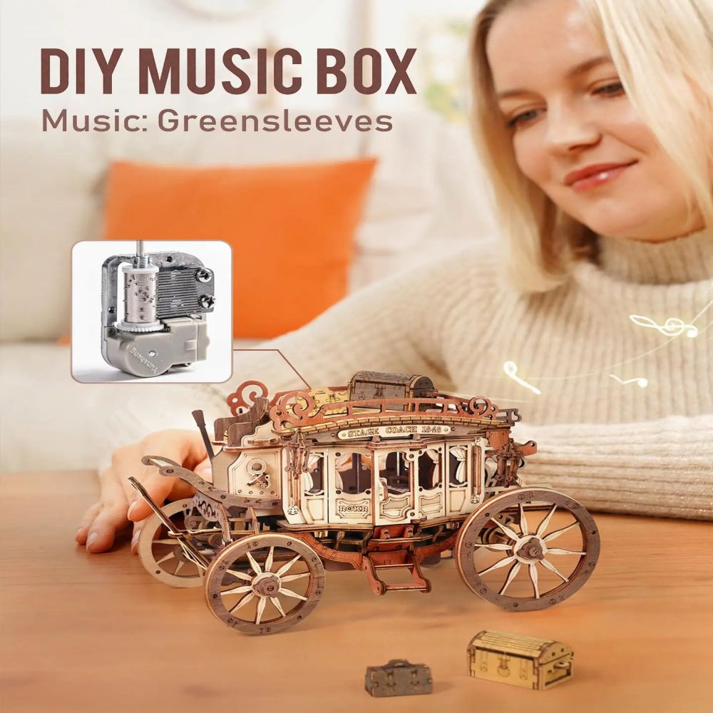 Robotime | ROKR | Mechanical Music Box | Stagecoach | Hobby Kits & DIY Collectibles | 3D Assemble Kits