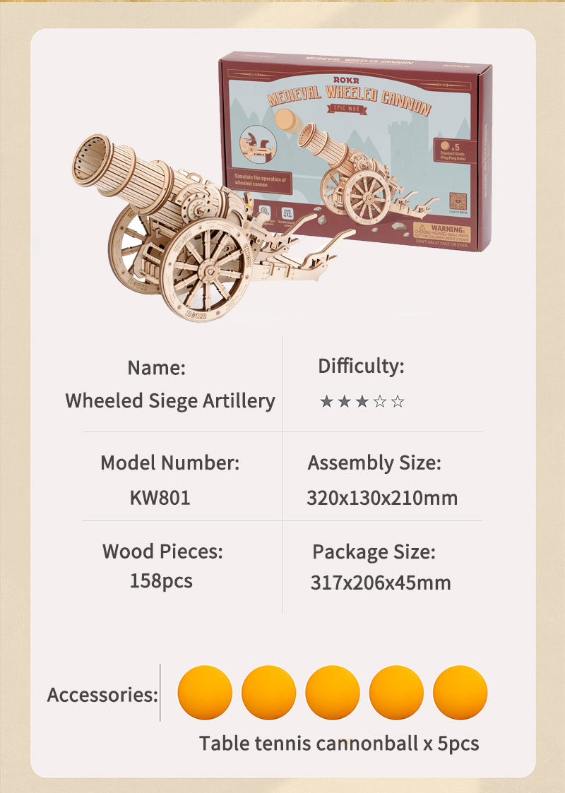 Robotime | ROKR | Medieval Wheeled Cannon | Hobby Kits & DIY Collectibles | 3D Assemble Kits