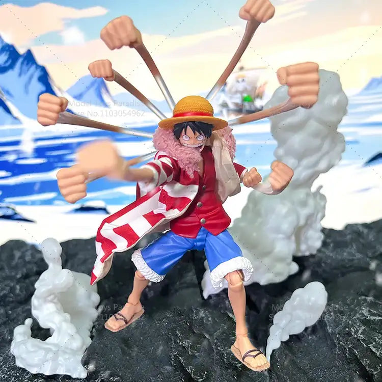 Action figure with multiple arms and legs against a scenic background