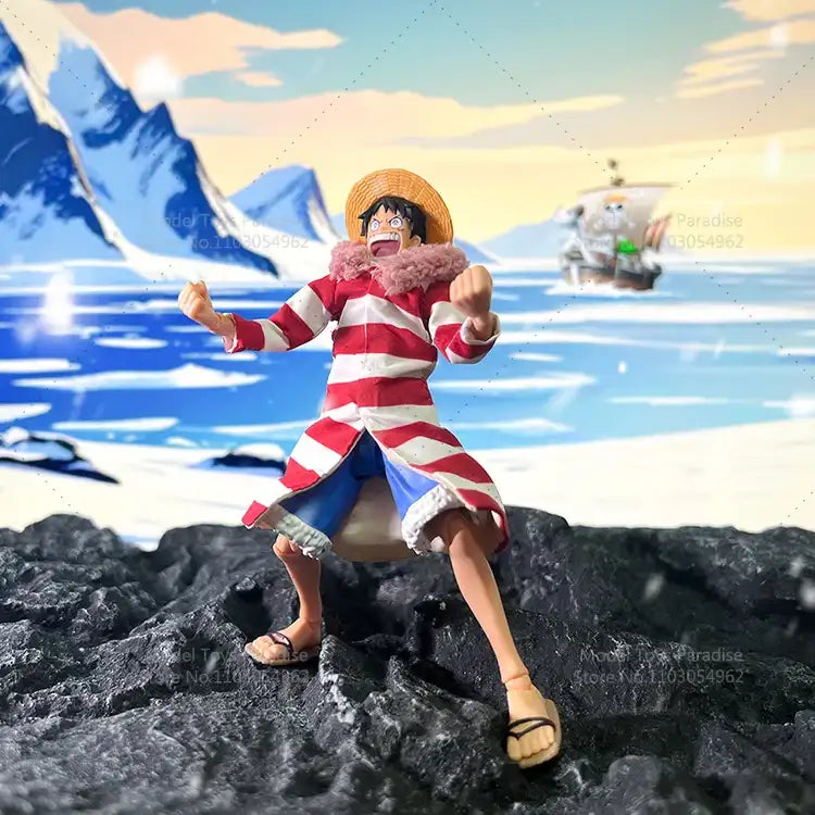 Action figure of a character in a striped outfit on a rocky surface with a scenic background