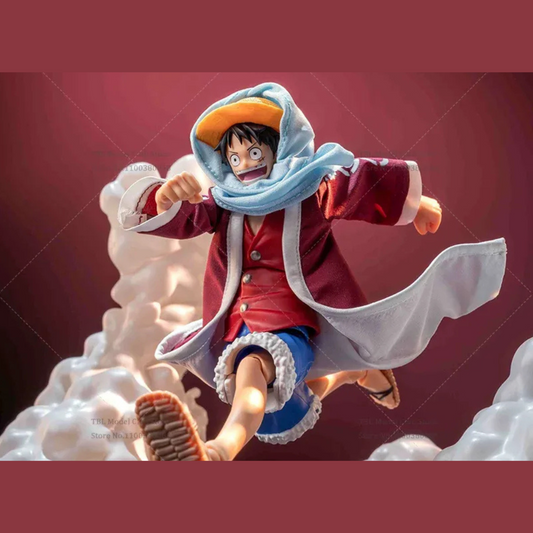 Action figure of a character in a red jacket and blue pants on a cloud with a red background