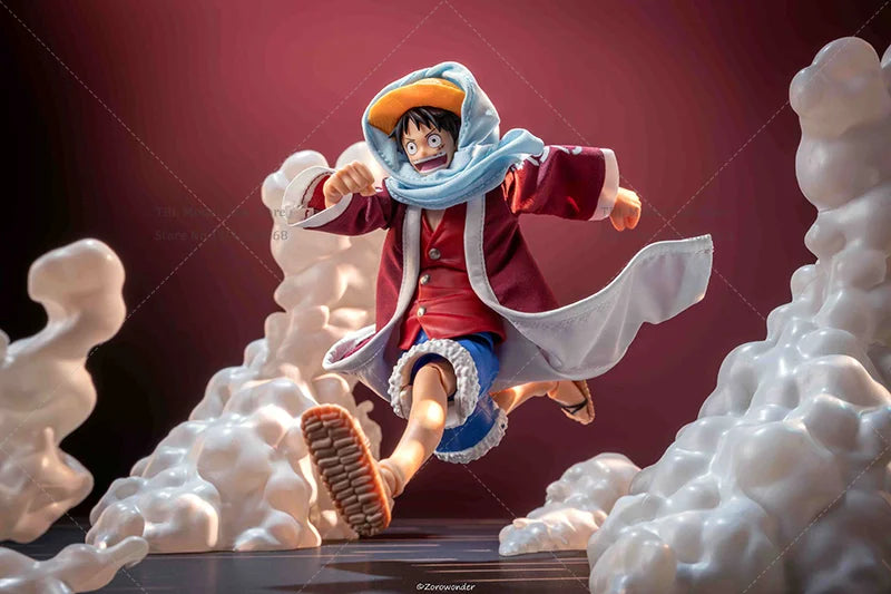 Figurine of a character in a dynamic pose with a red background