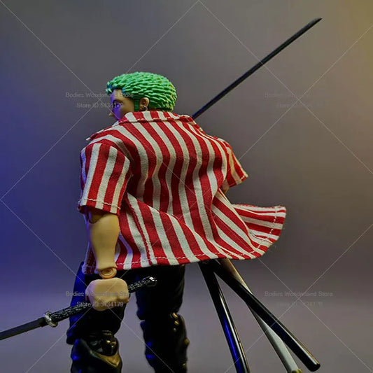 Action figure with green hair and red and white striped shirt holding weapons on a gray background