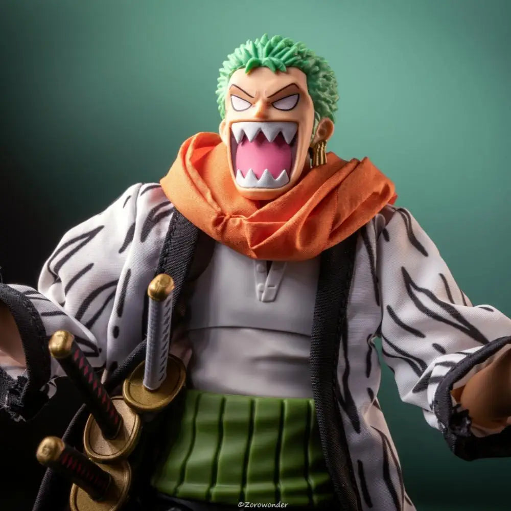 Action figure with green hair and orange scarf against a dark background