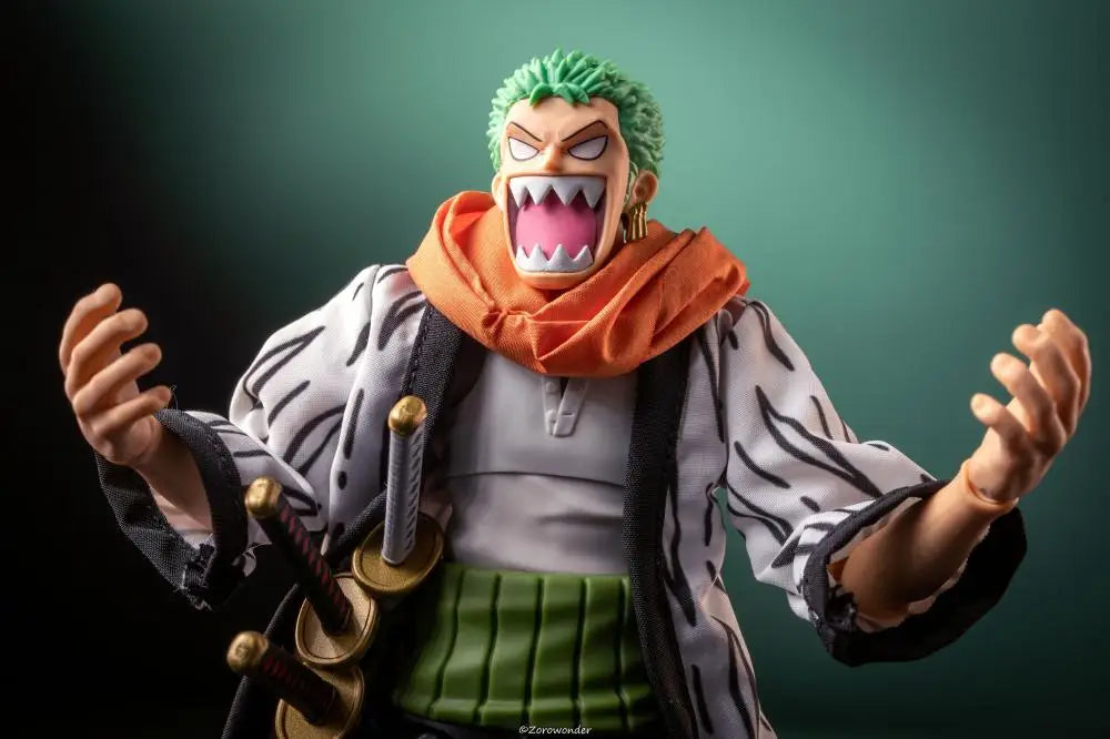 Action figure with green hair and orange scarf on a dark background