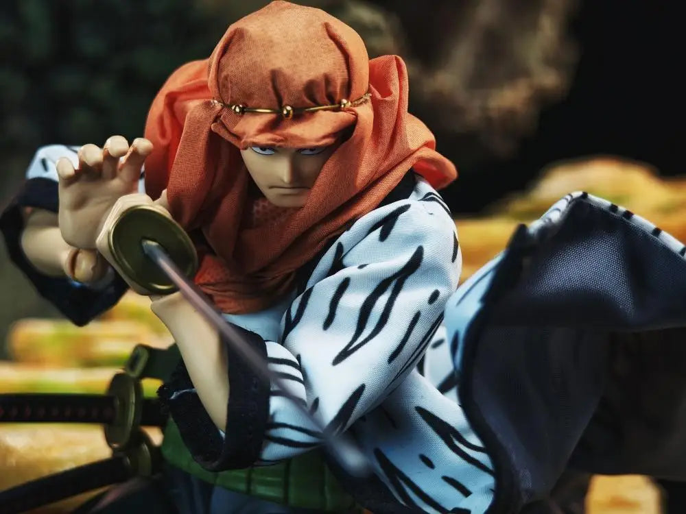 Animated character in a warrior outfit with a sword, wearing an orange headscarf.