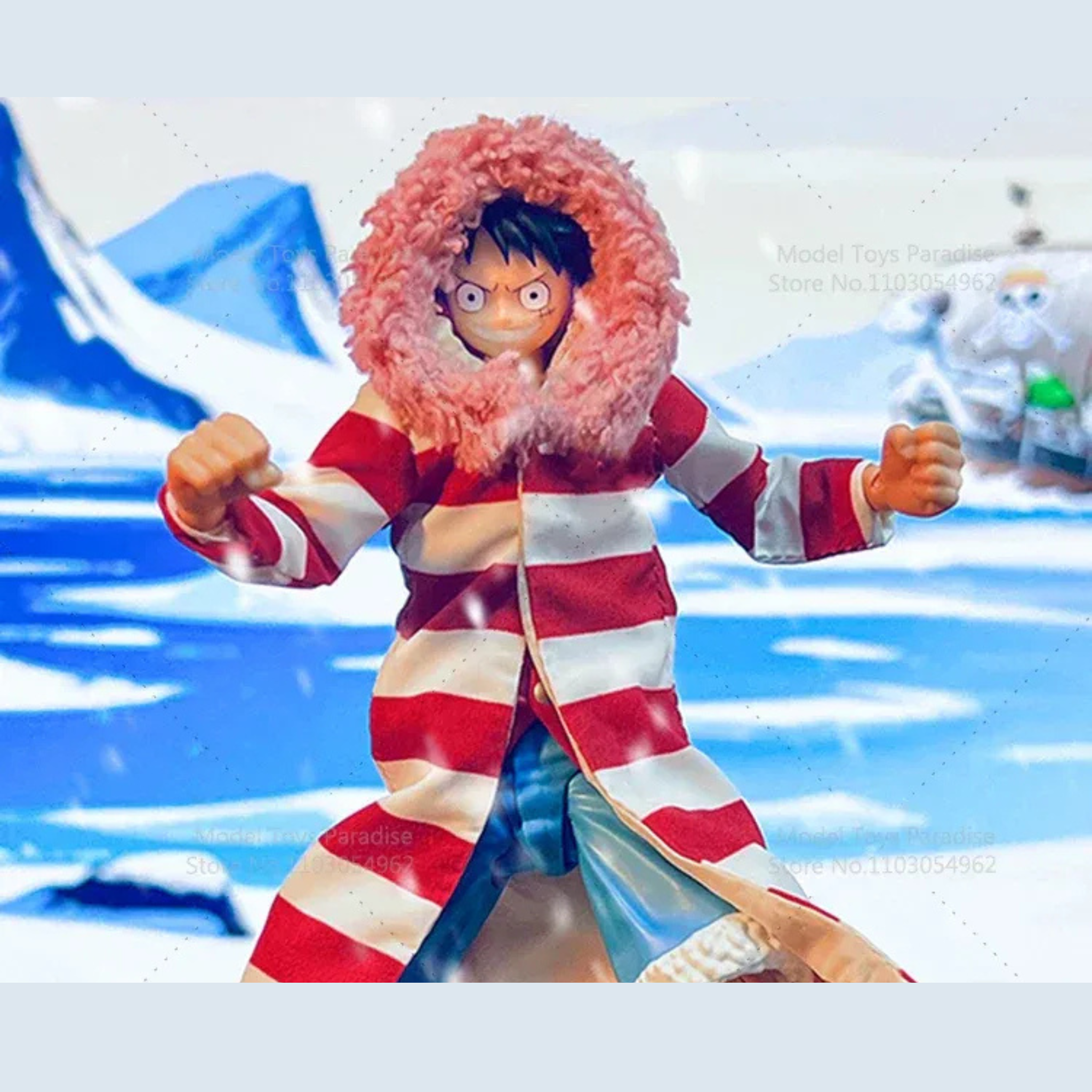 Action figure in a red and white striped outfit with a fluffy hood against a blue background