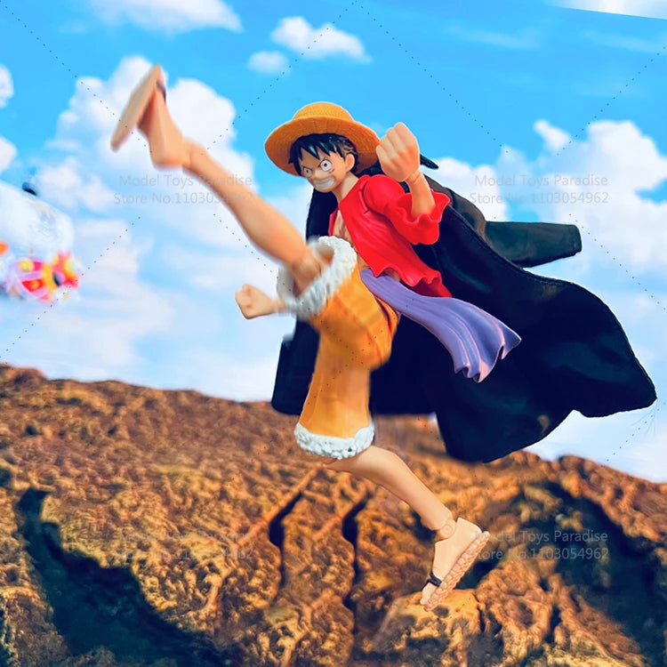Animated character in a dynamic pose with a blue sky and clouds in the background