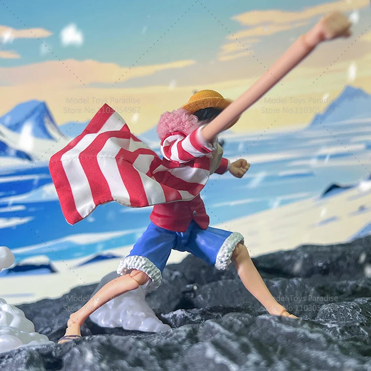 Figurine of a character with a red and white striped shirt and blue shorts standing on a rocky surface with a scenic background.