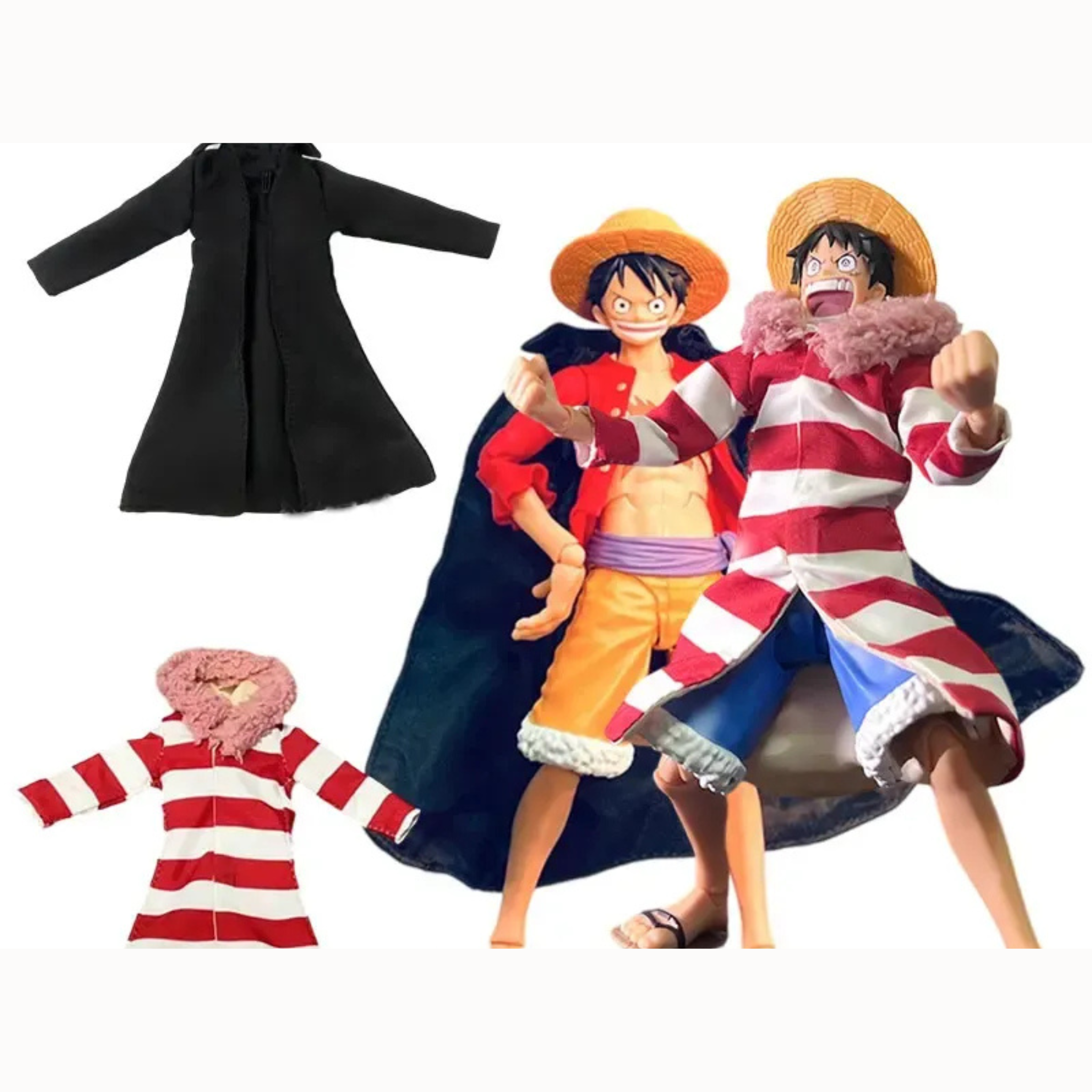 Action figure of a character with a black coat, red and white striped outfit, and straw hat on a white background.