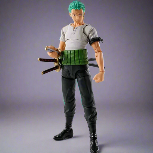Action figure with green hair and multiple swords on a gray background