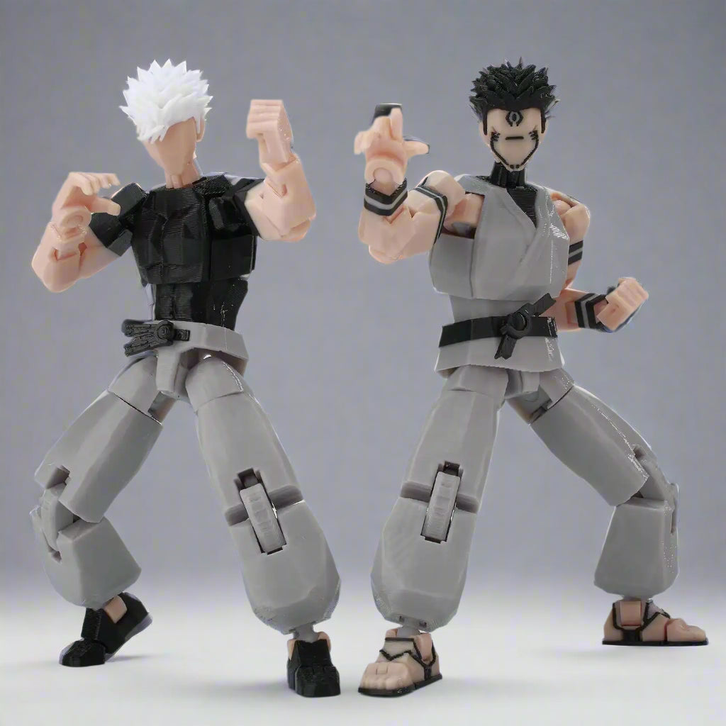 Two action figures in dynamic poses on a light gray background