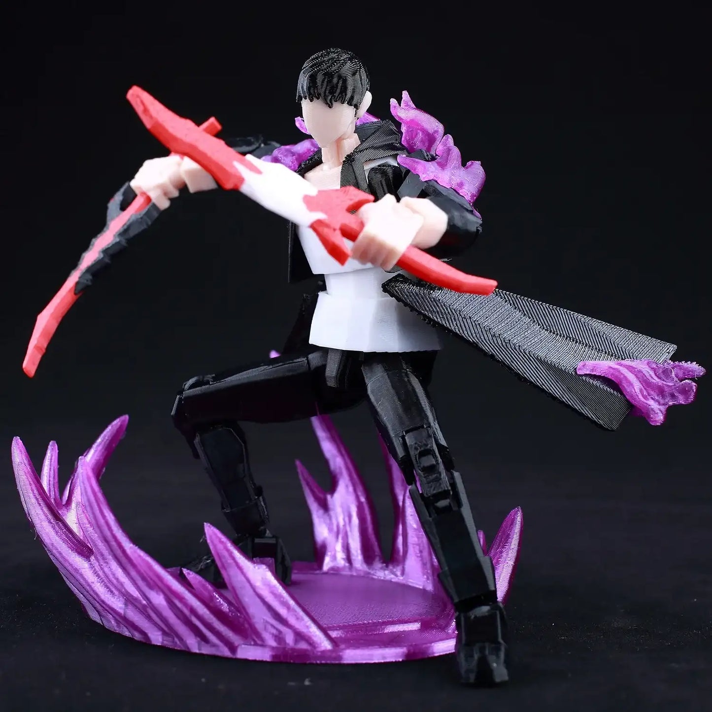 Action figure with red and purple weapons on a black background