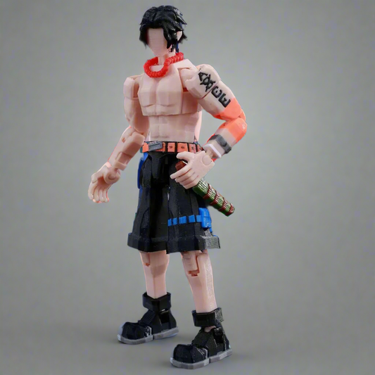 Action figure with tattoos and a weapon on a black background