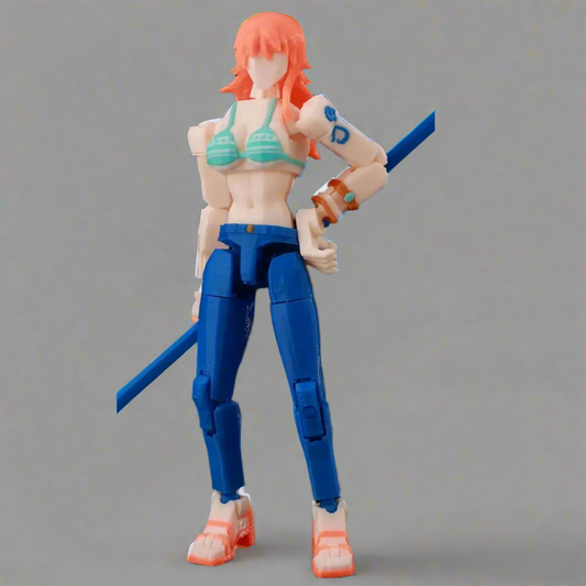 Action figure with blue pants and a green top on a black background