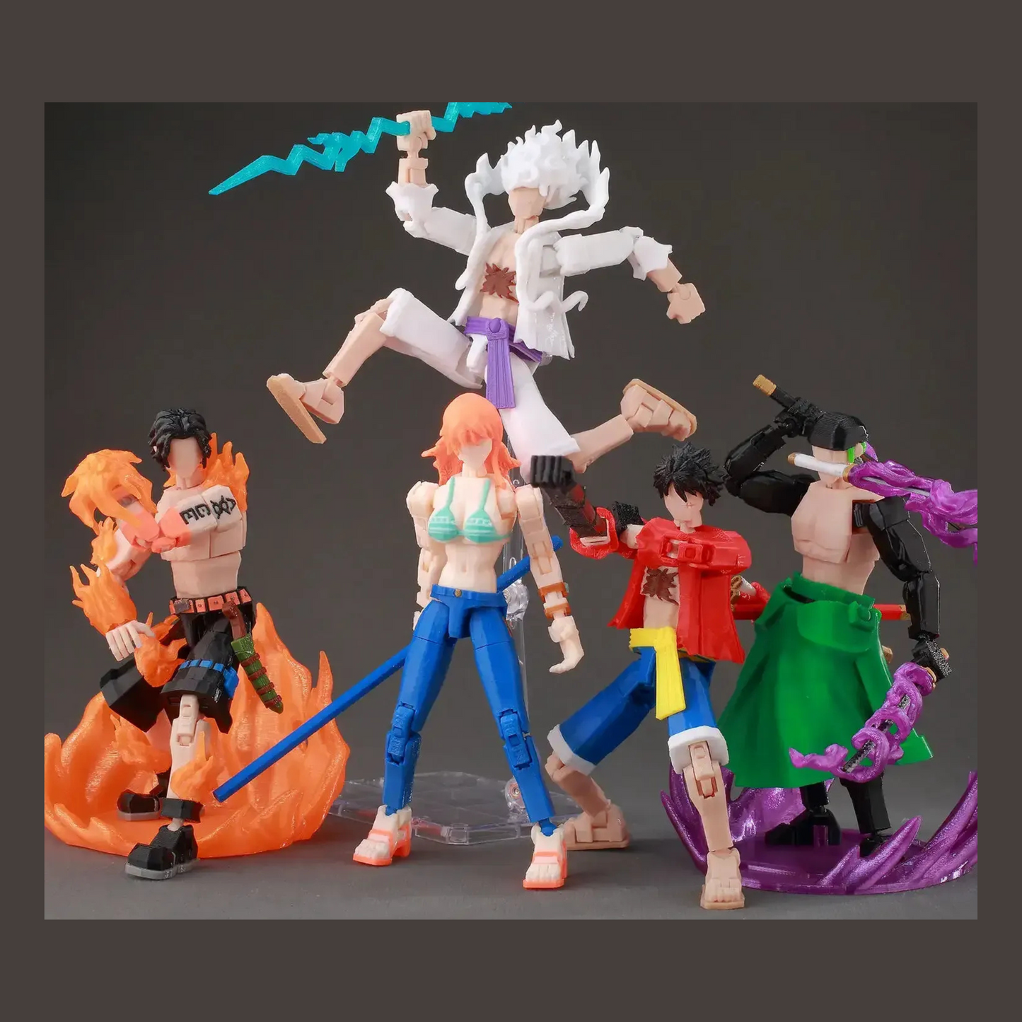 Collection of colorful action figures on a gray background