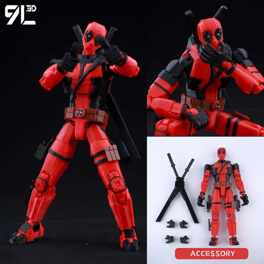 Action figure of a superhero in red and black costume with accessories on a dark background