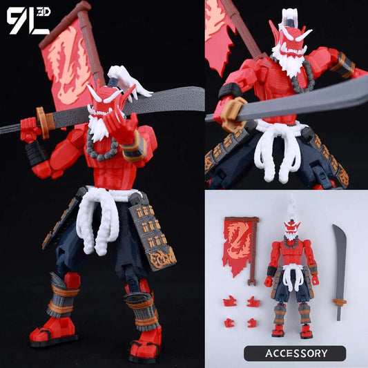 Action figure with red and blue outfit, white hair, and sword, with accessories on a black background.