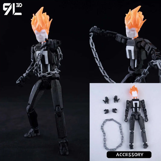 Action figure with flame-like hair and chain accessory on a dark background