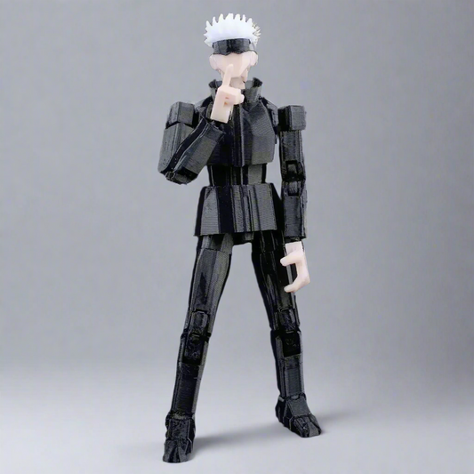 Black and white action figure on a gray background
