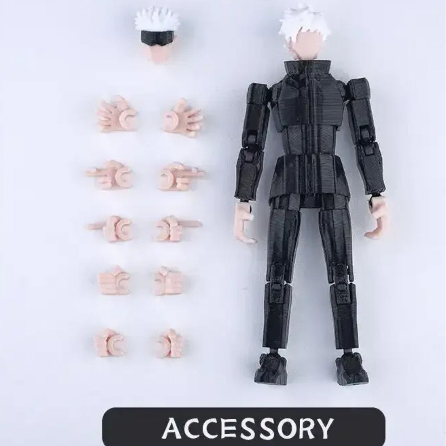 Black action figure with interchangeable parts on a white background
