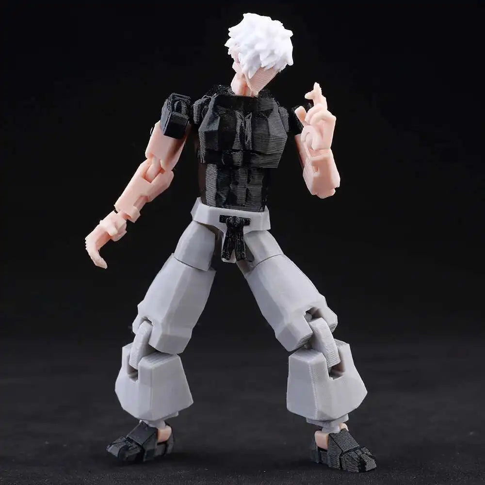 Action figure with a black and gray outfit on a dark background