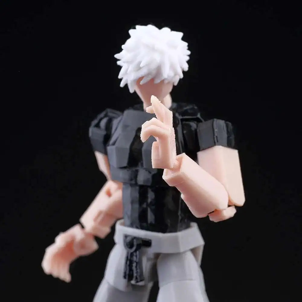 Action figure with white hair and black outfit on a black background