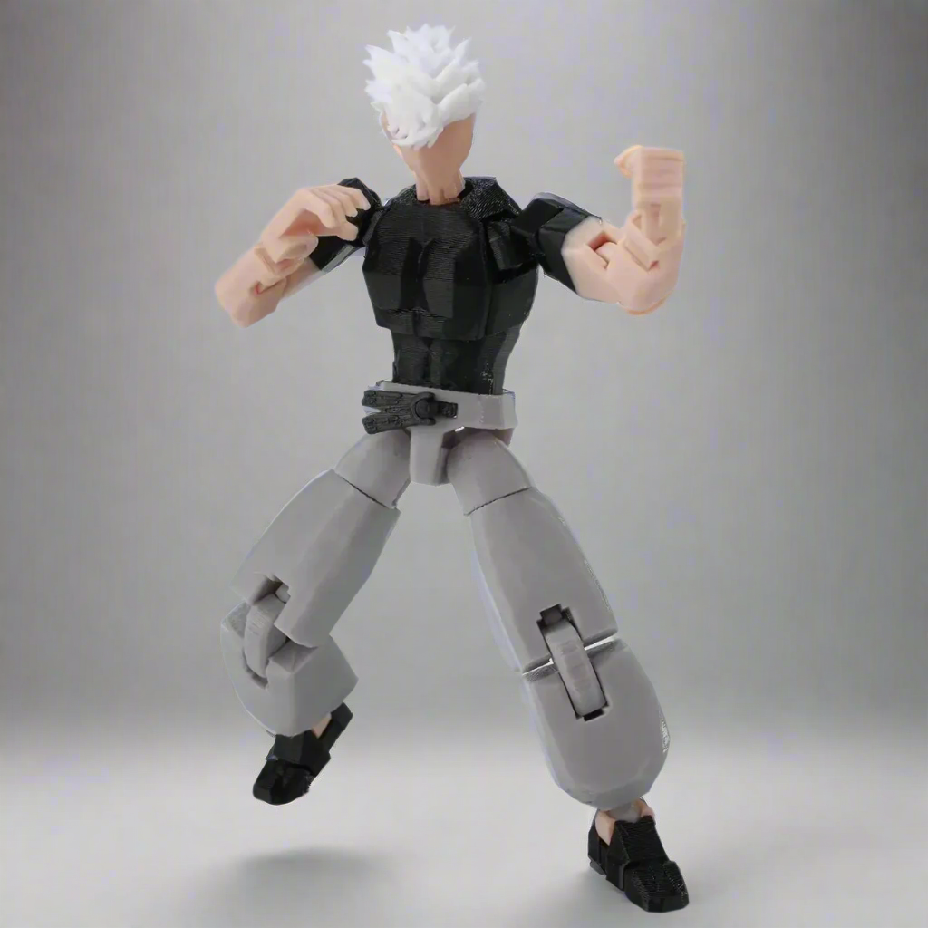 Action figure with gray legs and black top on a white background