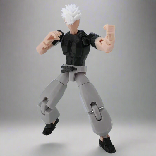 Action figure with gray legs and black top on a white background