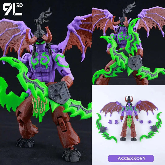 Multiview of a fantasy creature toy with green and brown design on a black background.