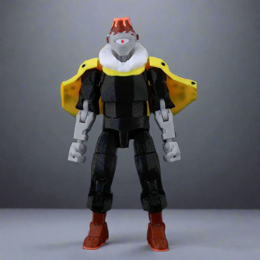 Toy figure with a black and gray outfit, yellow cape, and red shoes on a dark background