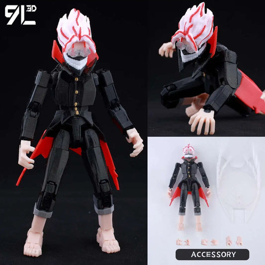 Action figure with red and black details on a black background