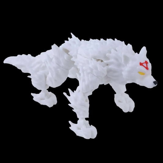 White wolf figurine with red and yellow markings on a black background